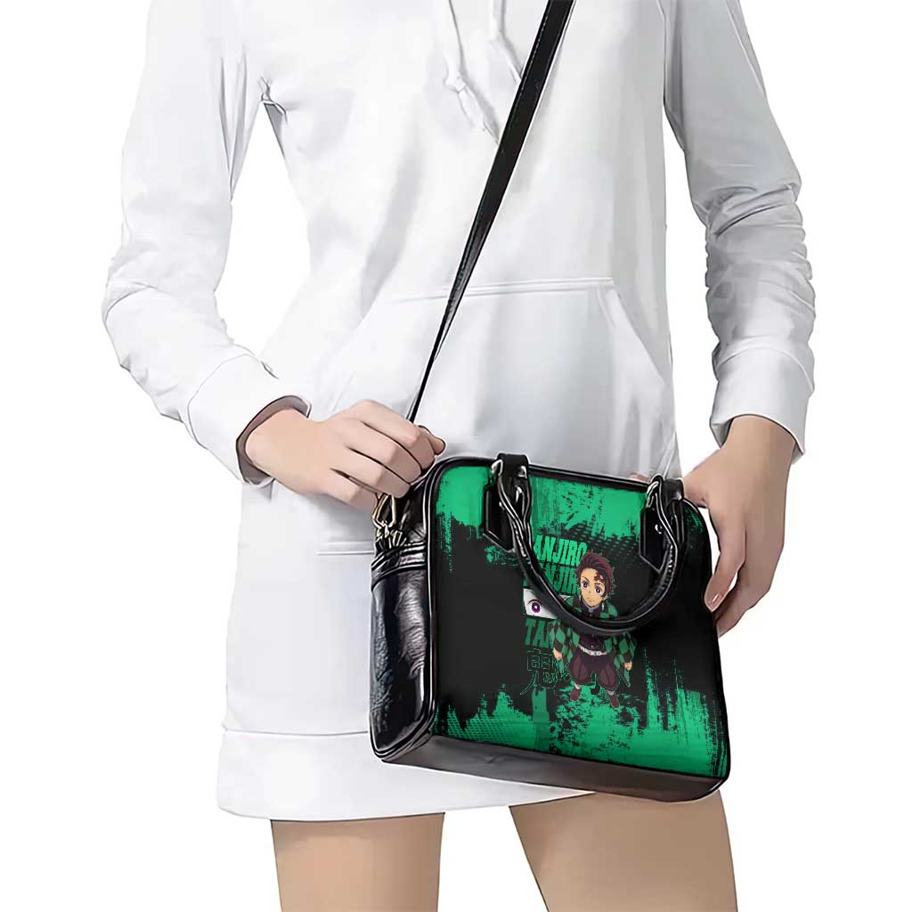 Tanjiro Kamado Demon Slayer Green Grunge Design Shoulder Handbag with Determined Eyes and Classic Checkered Haori - The Mazicc
