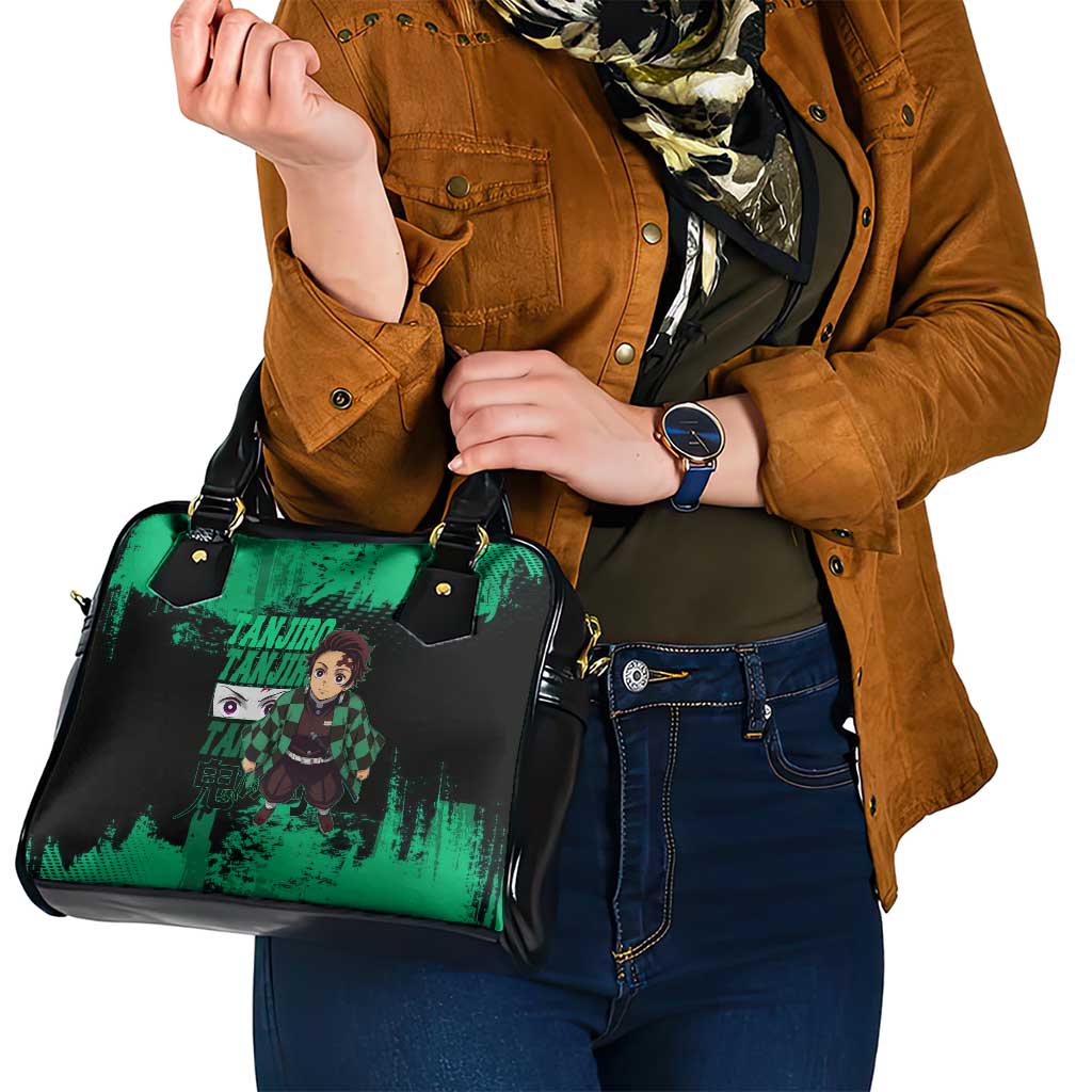 Tanjiro Kamado Demon Slayer Green Grunge Design Shoulder Handbag with Determined Eyes and Classic Checkered Haori - The Mazicc