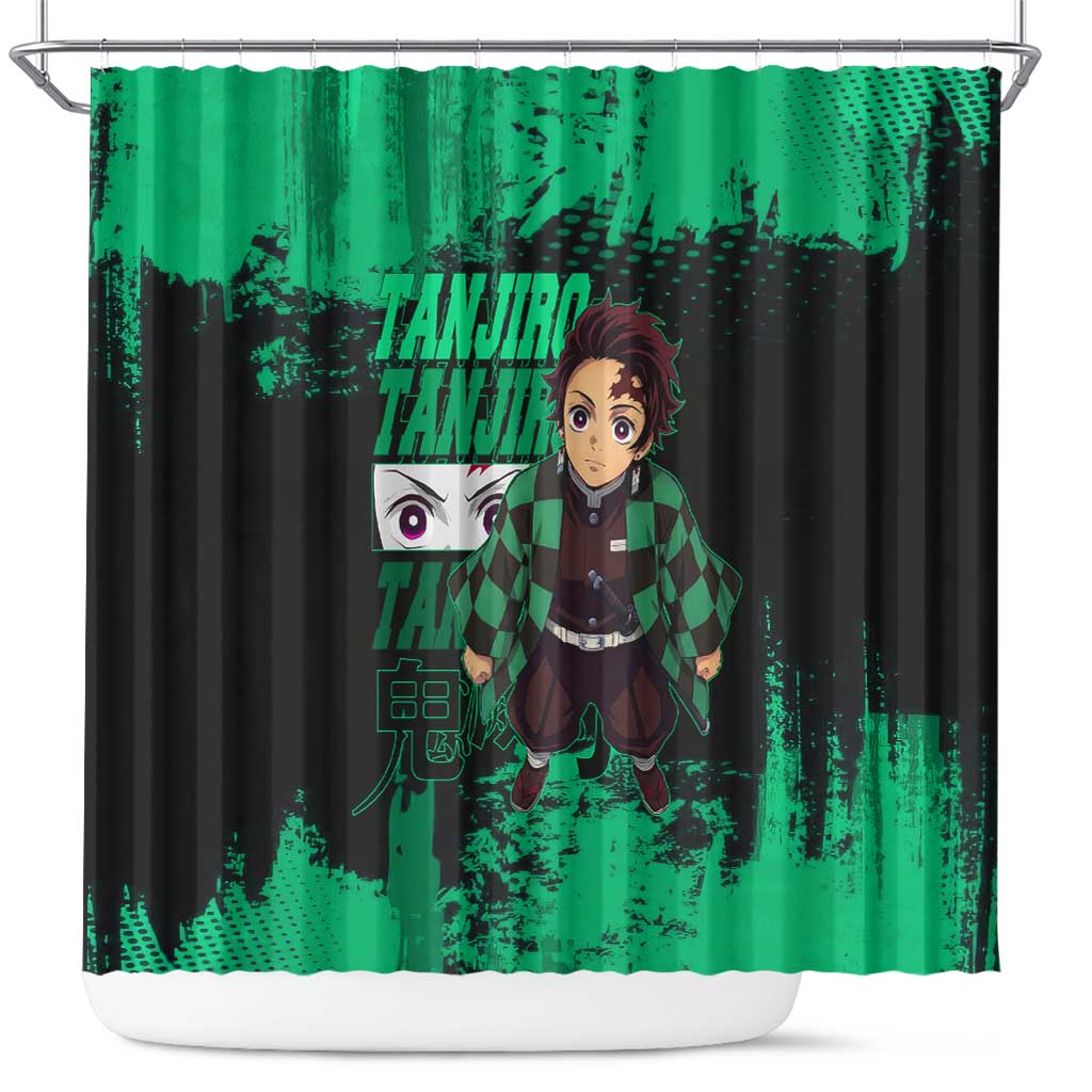 Tanjiro Kamado Demon Slayer Green Grunge Design Shower Curtain with Determined Eyes and Classic Checkered Haori - The Mazicc