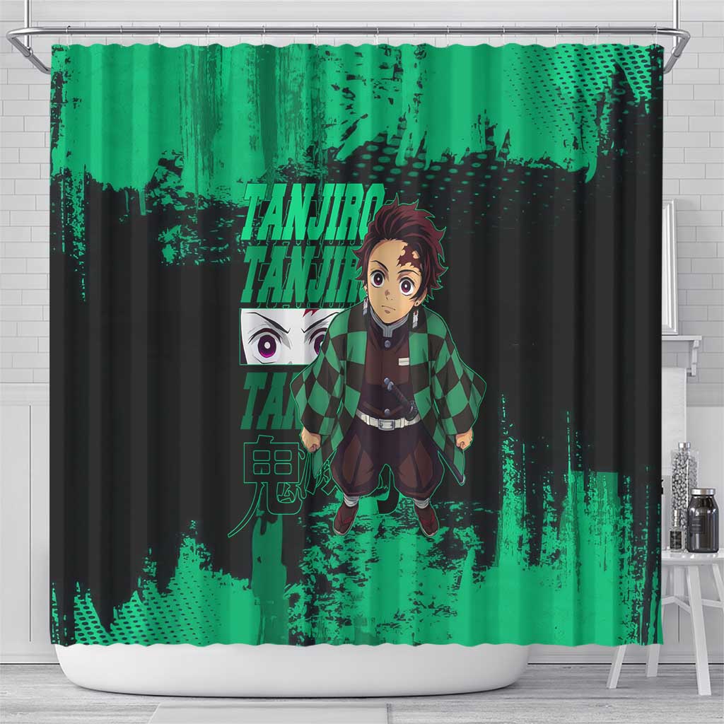 Tanjiro Kamado Demon Slayer Green Grunge Design Shower Curtain with Determined Eyes and Classic Checkered Haori - The Mazicc