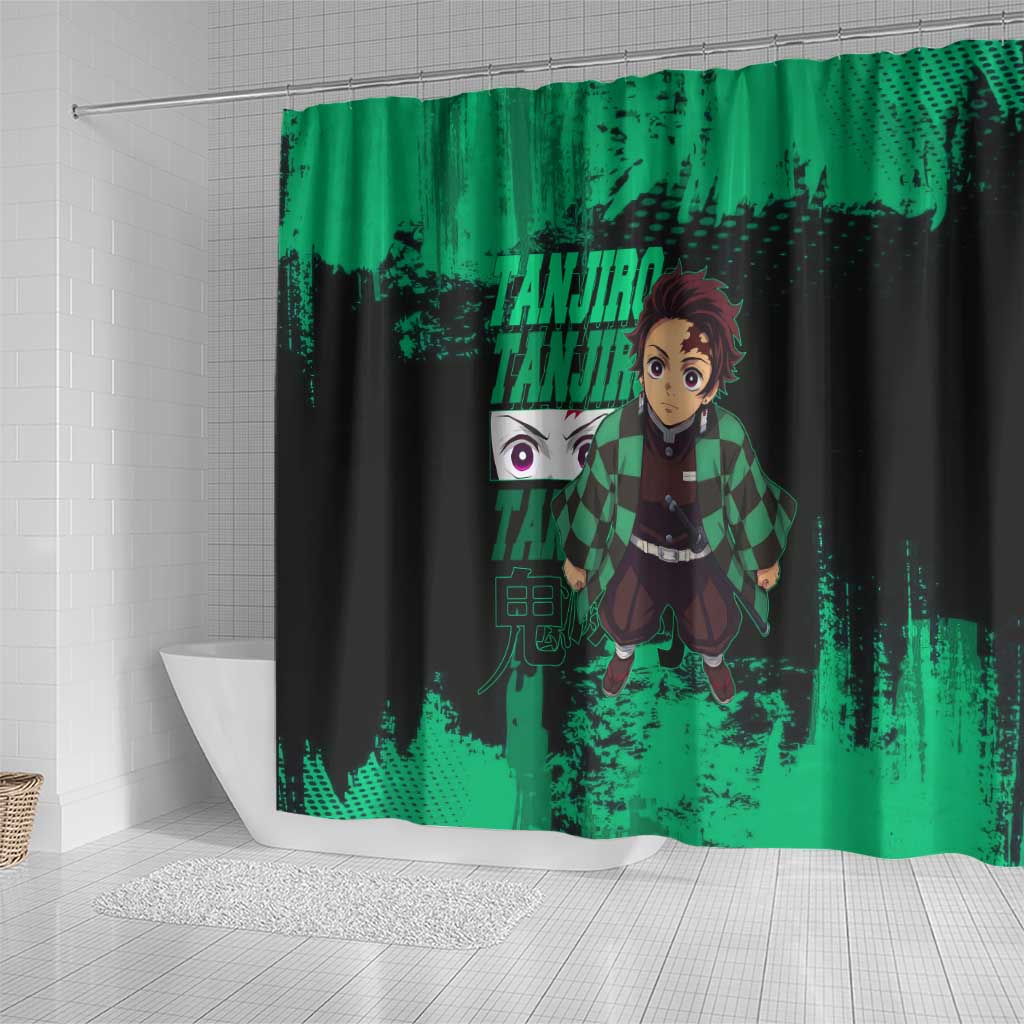 Tanjiro Kamado Demon Slayer Green Grunge Design Shower Curtain with Determined Eyes and Classic Checkered Haori - The Mazicc
