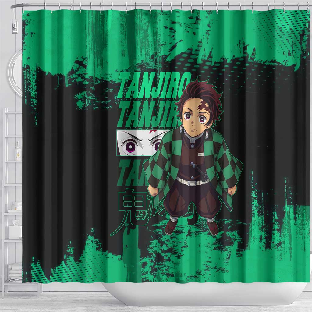 Tanjiro Kamado Demon Slayer Green Grunge Design Shower Curtain with Determined Eyes and Classic Checkered Haori - The Mazicc