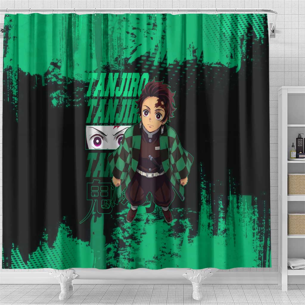 Tanjiro Kamado Demon Slayer Green Grunge Design Shower Curtain with Determined Eyes and Classic Checkered Haori - The Mazicc
