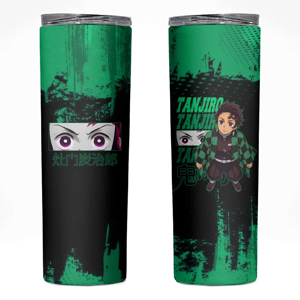 Tanjiro Kamado Demon Slayer Green Grunge Design Skinny Tumbler with Determined Eyes and Classic Checkered Haori - The Mazicc