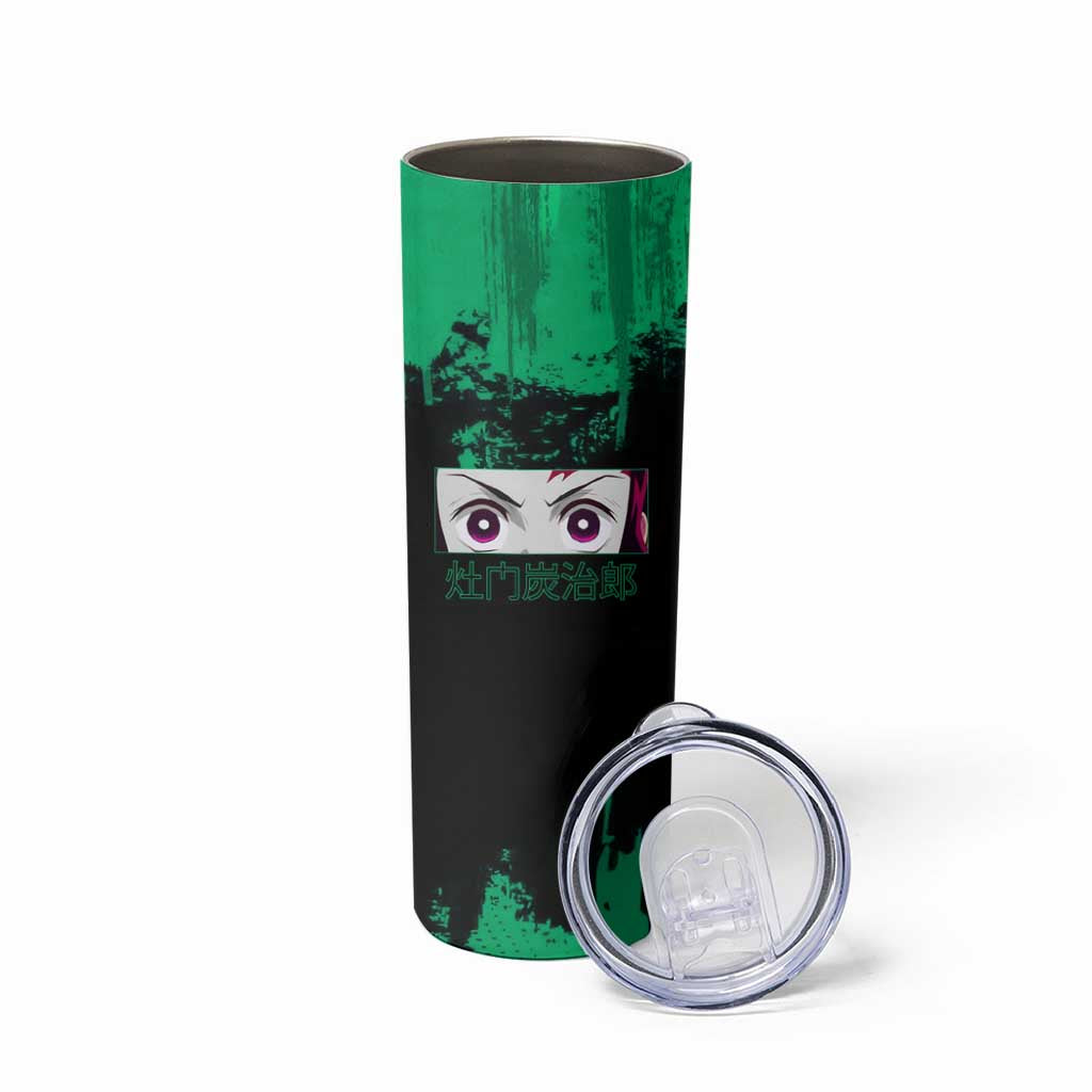 Tanjiro Kamado Demon Slayer Green Grunge Design Skinny Tumbler with Determined Eyes and Classic Checkered Haori - The Mazicc