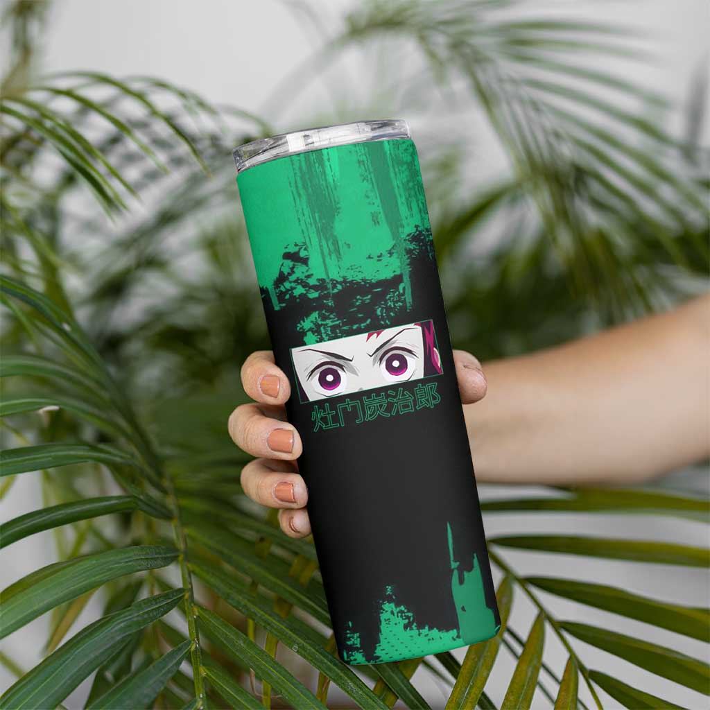 Tanjiro Kamado Demon Slayer Green Grunge Design Skinny Tumbler with Determined Eyes and Classic Checkered Haori - The Mazicc