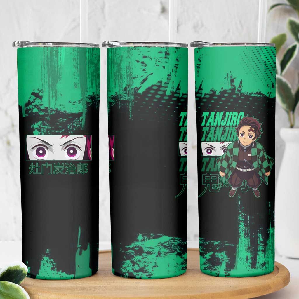 Tanjiro Kamado Demon Slayer Green Grunge Design Skinny Tumbler with Determined Eyes and Classic Checkered Haori - The Mazicc