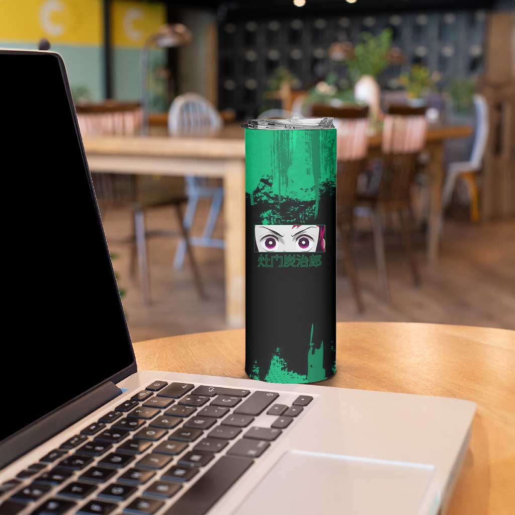 Tanjiro Kamado Demon Slayer Green Grunge Design Skinny Tumbler with Determined Eyes and Classic Checkered Haori - The Mazicc