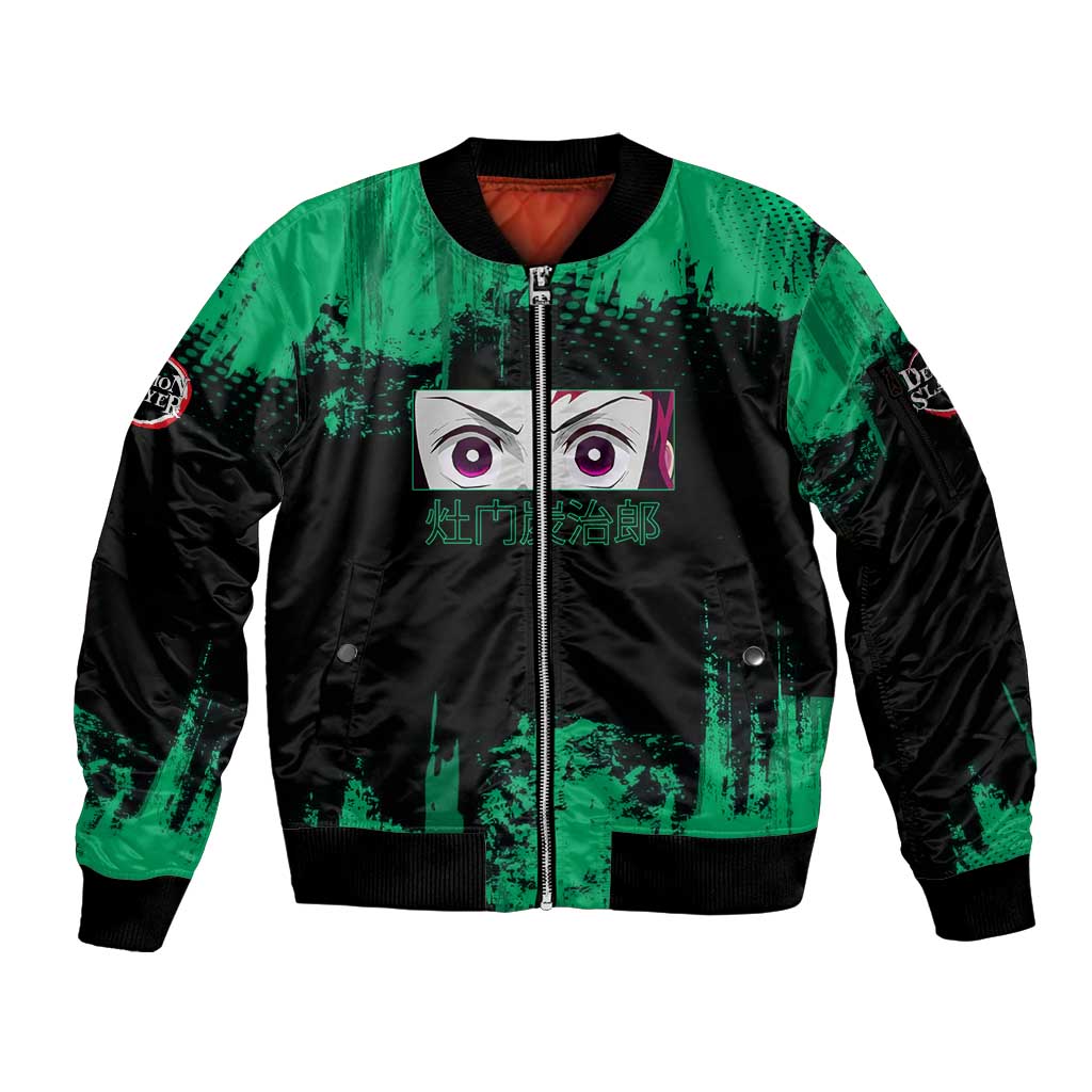 Tanjiro Kamado Demon Slayer Green Grunge Design Sleeve Zip Bomber Jacket with Determined Eyes and Classic Checkered Haori - The Mazicc