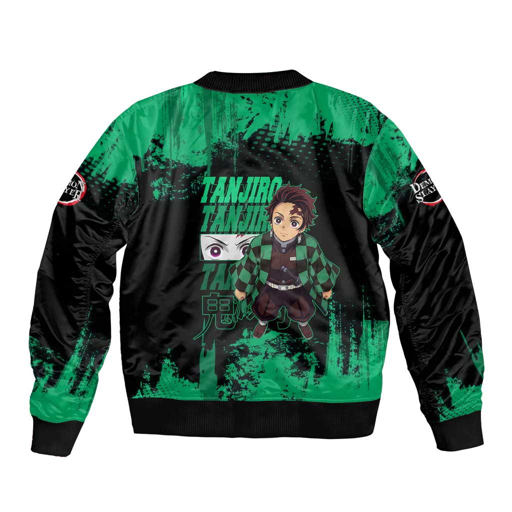 Tanjiro Kamado Demon Slayer Green Grunge Design Sleeve Zip Bomber Jacket with Determined Eyes and Classic Checkered Haori - The Mazicc