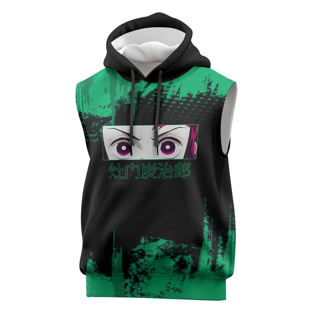 Tanjiro Kamado Demon Slayer Green Grunge Design Sleeveless Hoodie with Determined Eyes and Classic Checkered Haori - The Mazicc