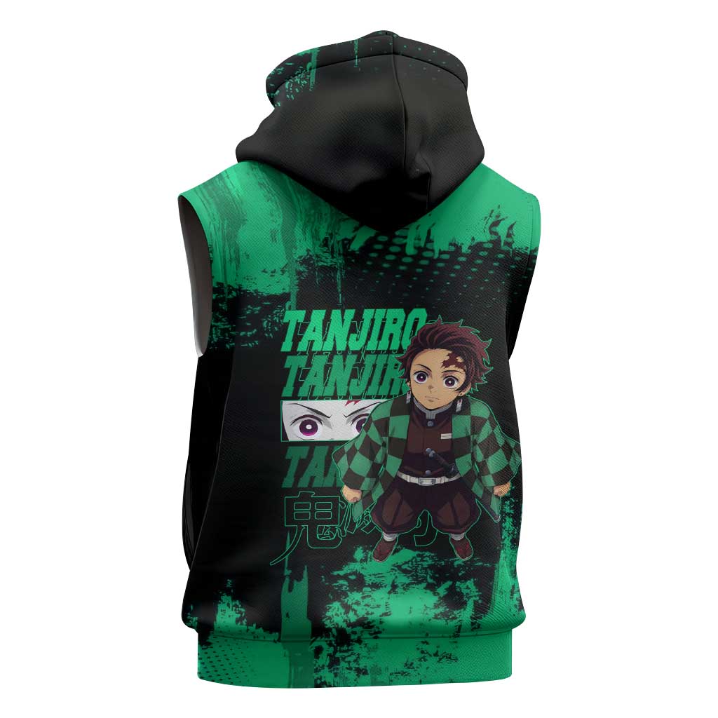 Tanjiro Kamado Demon Slayer Green Grunge Design Sleeveless Hoodie with Determined Eyes and Classic Checkered Haori - The Mazicc