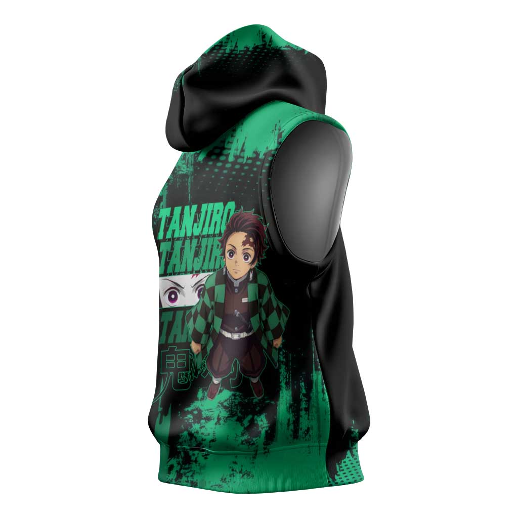 Tanjiro Kamado Demon Slayer Green Grunge Design Sleeveless Hoodie with Determined Eyes and Classic Checkered Haori - The Mazicc