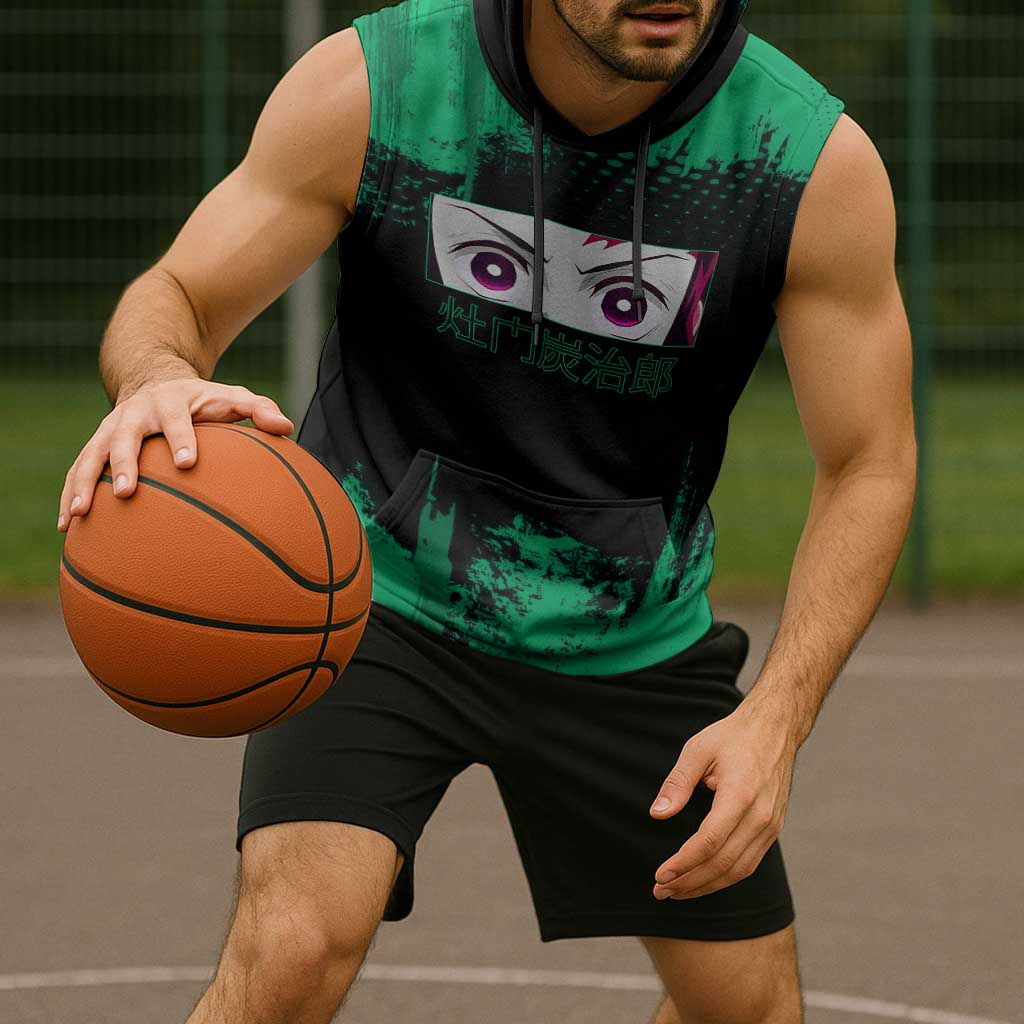 Tanjiro Kamado Demon Slayer Green Grunge Design Sleeveless Hoodie with Determined Eyes and Classic Checkered Haori - The Mazicc