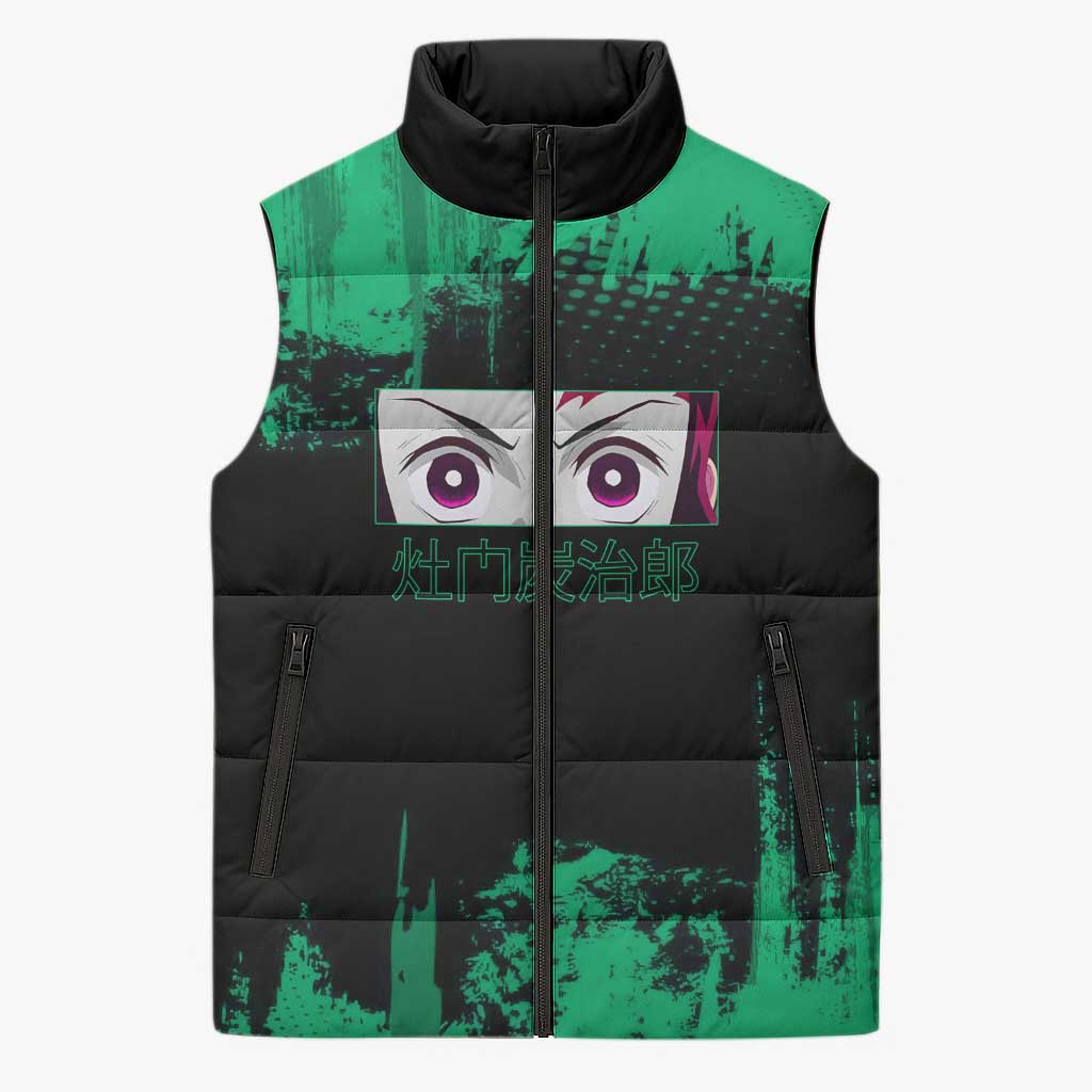 Tanjiro Kamado Demon Slayer Green Grunge Design Sleeveless Puffer Jacket with Determined Eyes and Classic Checkered Haori - The Mazicc