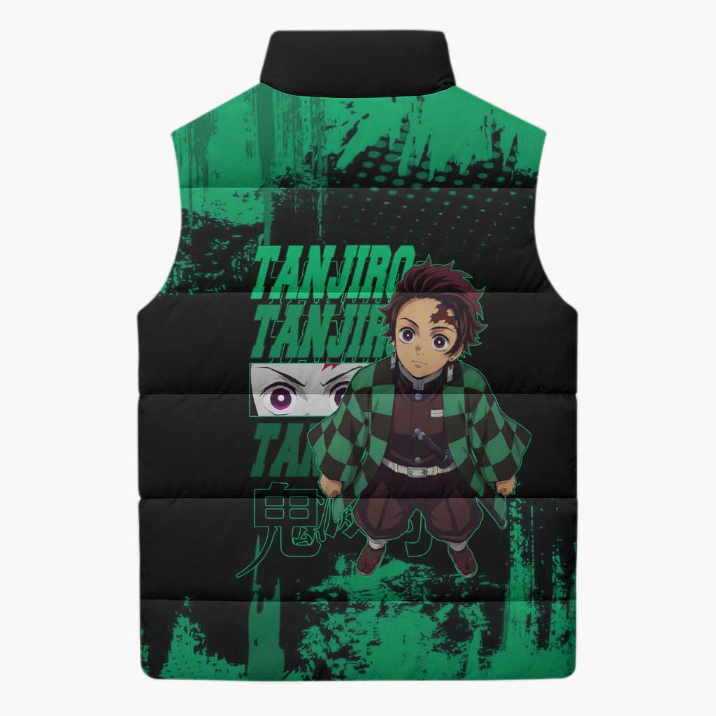 Tanjiro Kamado Demon Slayer Green Grunge Design Sleeveless Puffer Jacket with Determined Eyes and Classic Checkered Haori - The Mazicc