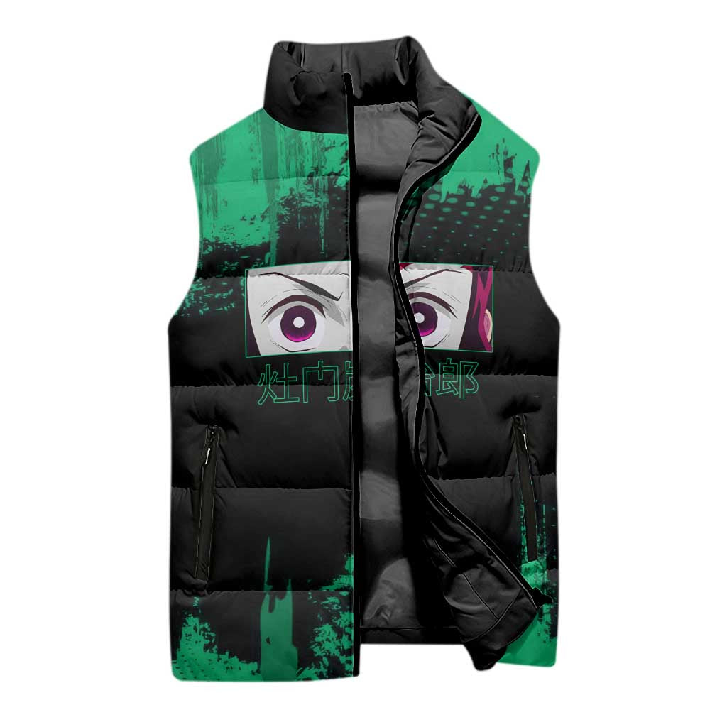 Tanjiro Kamado Demon Slayer Green Grunge Design Sleeveless Puffer Jacket with Determined Eyes and Classic Checkered Haori - The Mazicc