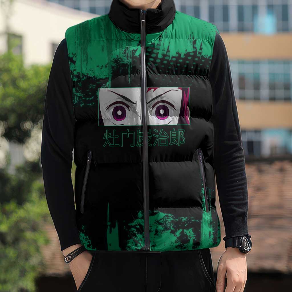 Tanjiro Kamado Demon Slayer Green Grunge Design Sleeveless Puffer Jacket with Determined Eyes and Classic Checkered Haori - The Mazicc