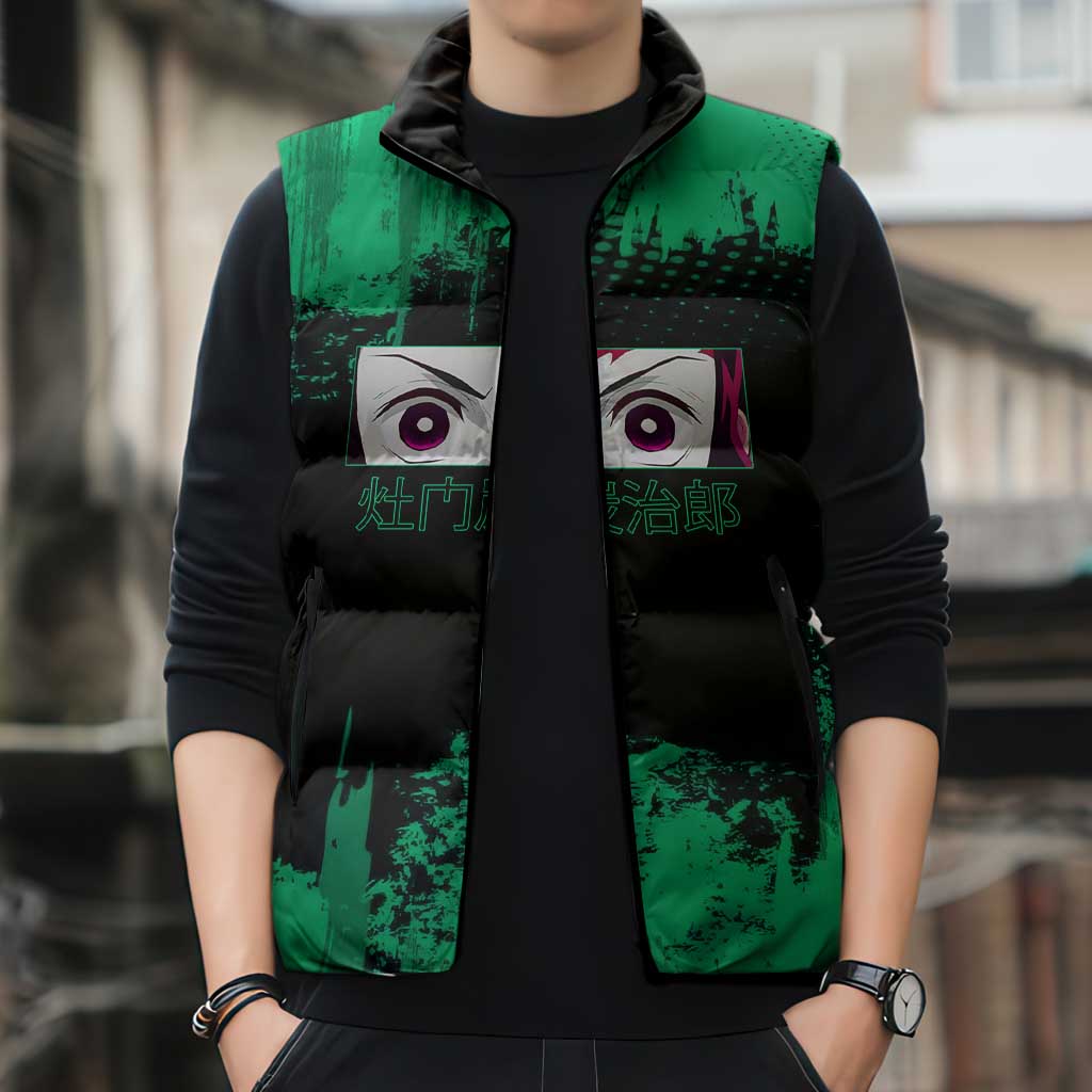 Tanjiro Kamado Demon Slayer Green Grunge Design Sleeveless Puffer Jacket with Determined Eyes and Classic Checkered Haori - The Mazicc