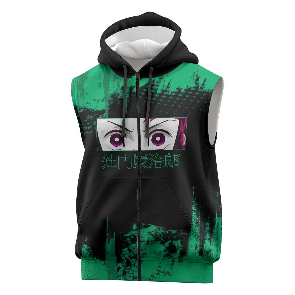 Tanjiro Kamado Demon Slayer Green Grunge Design Sleeveless Zip Hoodie with Determined Eyes and Classic Checkered Haori - The Mazicc