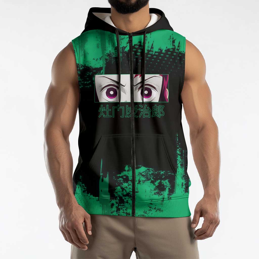 Tanjiro Kamado Demon Slayer Green Grunge Design Sleeveless Zip Hoodie with Determined Eyes and Classic Checkered Haori - The Mazicc