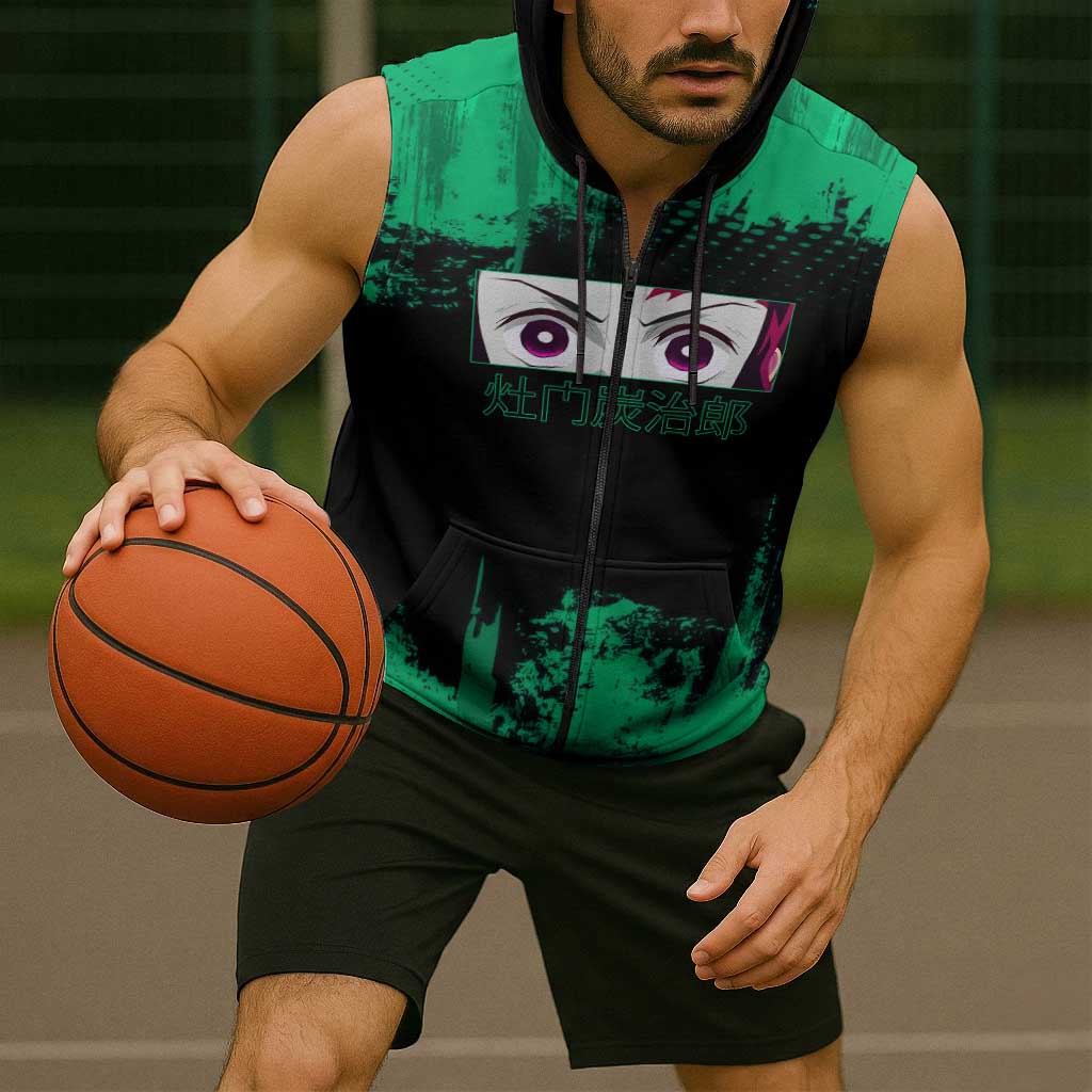 Tanjiro Kamado Demon Slayer Green Grunge Design Sleeveless Zip Hoodie with Determined Eyes and Classic Checkered Haori - The Mazicc