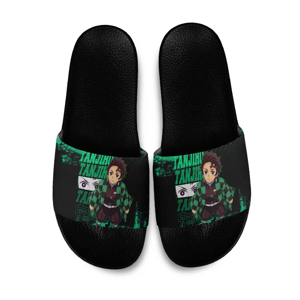 Tanjiro Kamado Demon Slayer Green Grunge Design Slide Sandals with Determined Eyes and Classic Checkered Haori - The Mazicc