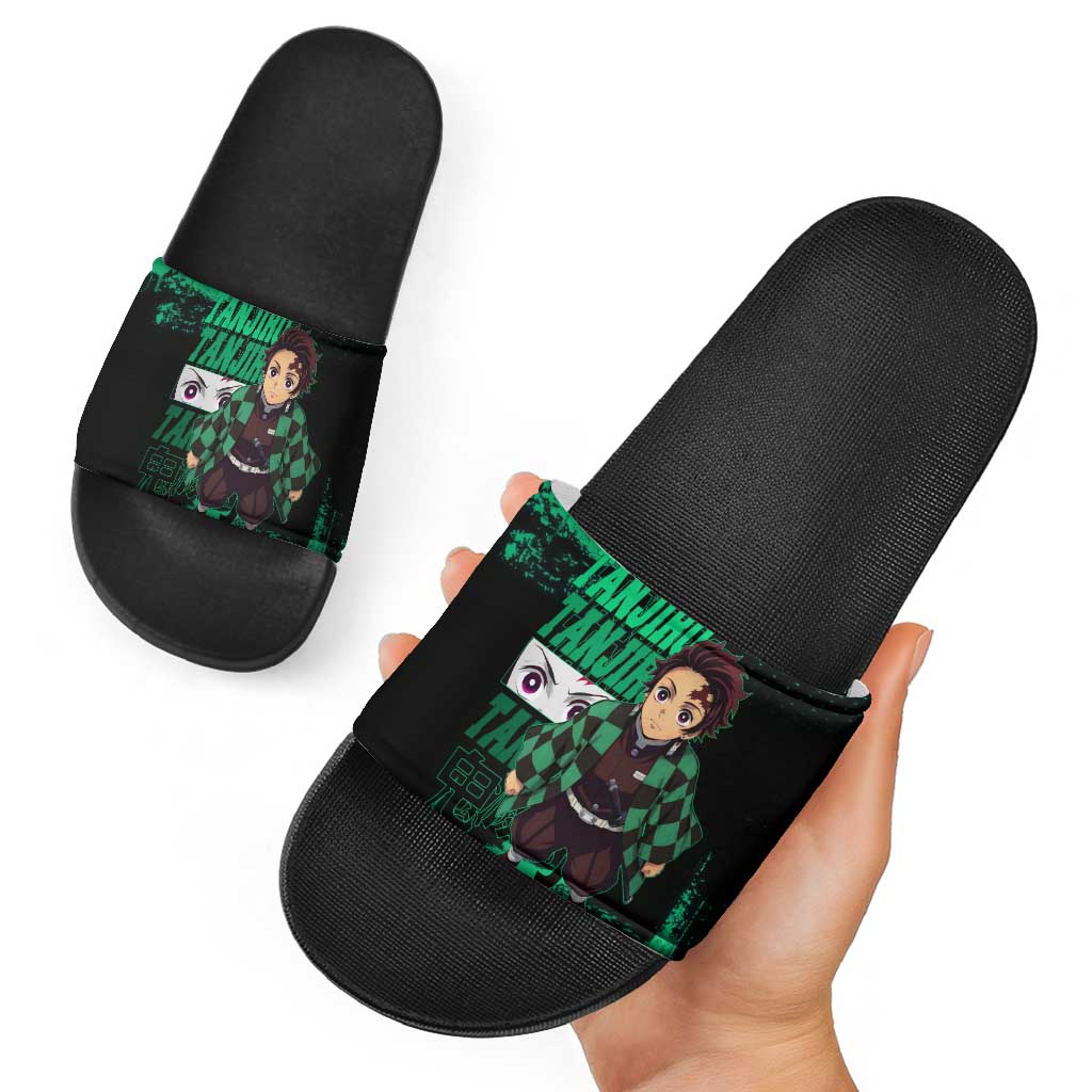 Tanjiro Kamado Demon Slayer Green Grunge Design Slide Sandals with Determined Eyes and Classic Checkered Haori - The Mazicc