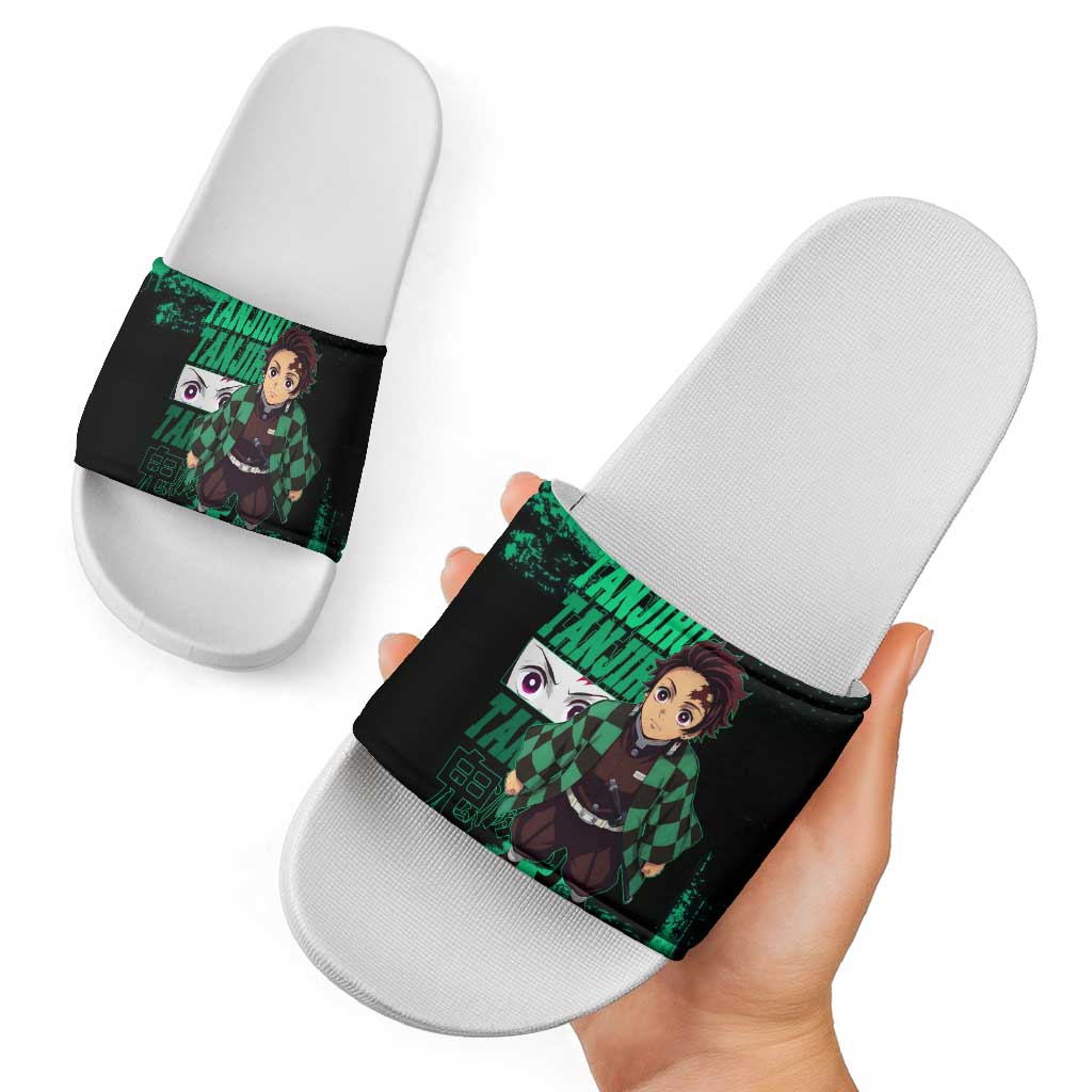 Tanjiro Kamado Demon Slayer Green Grunge Design Slide Sandals with Determined Eyes and Classic Checkered Haori - The Mazicc