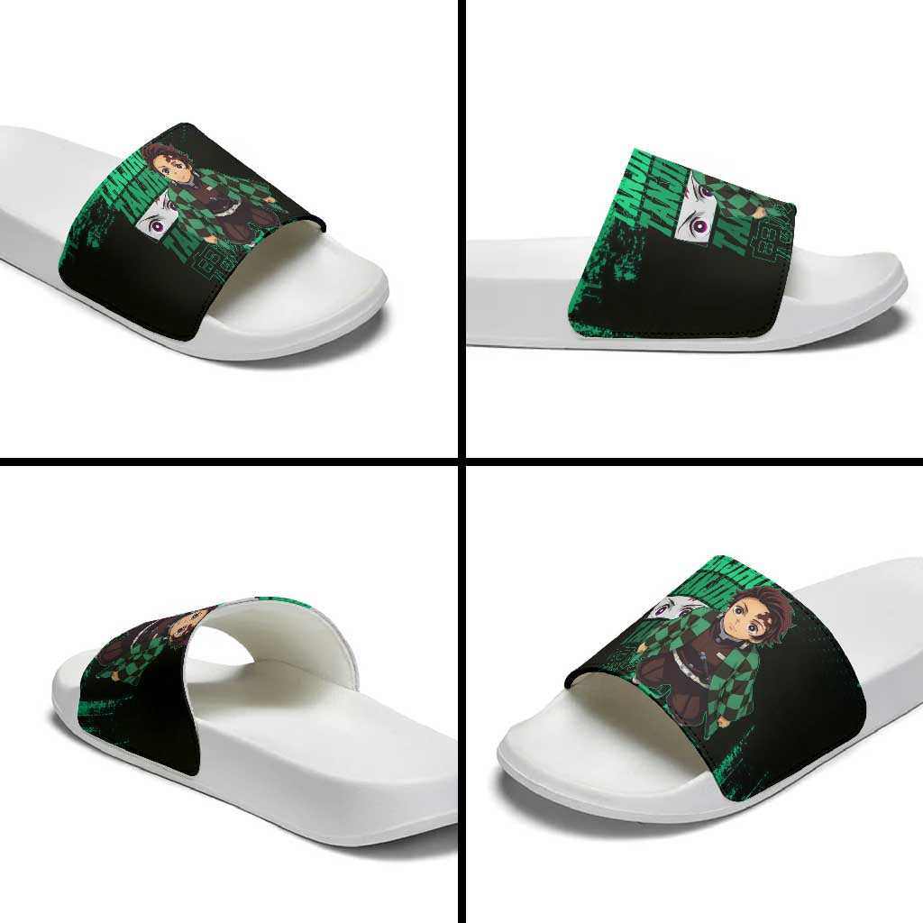 Tanjiro Kamado Demon Slayer Green Grunge Design Slide Sandals with Determined Eyes and Classic Checkered Haori - The Mazicc