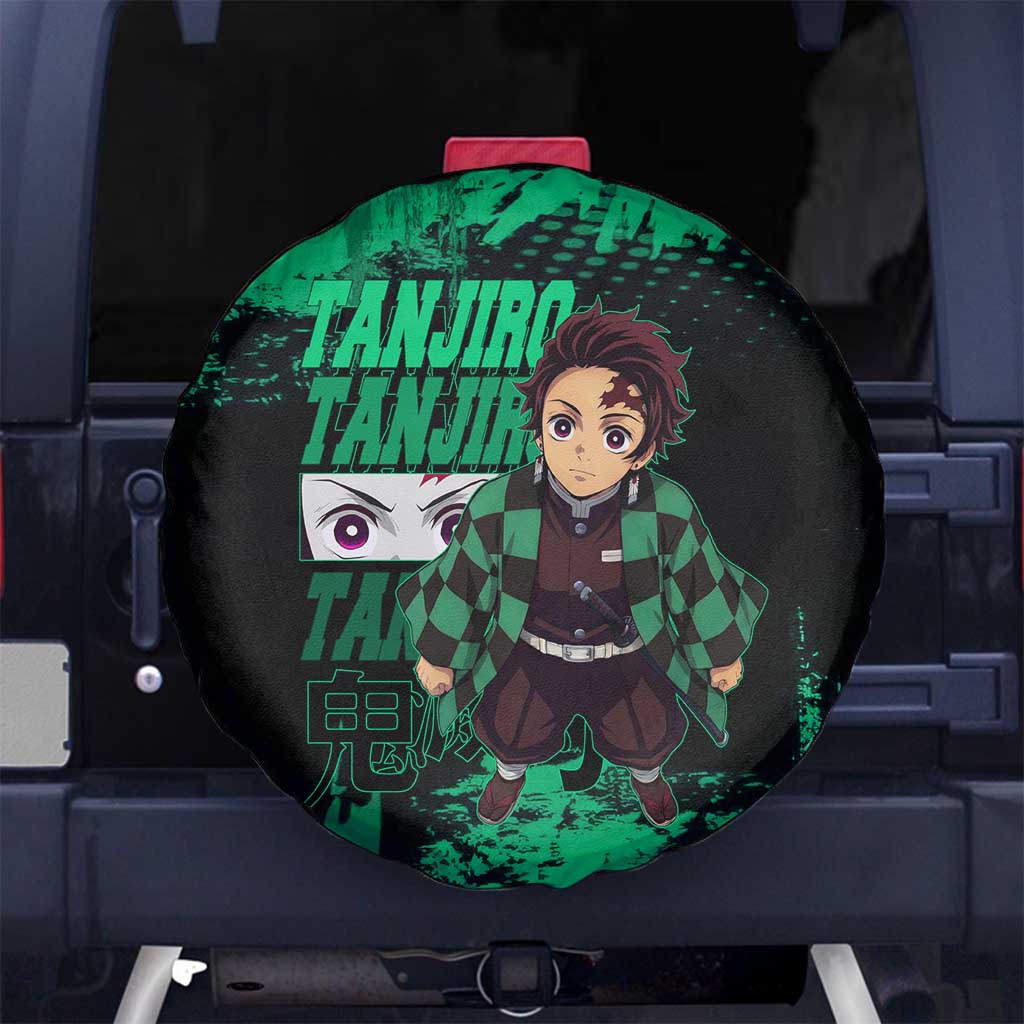 Tanjiro Kamado Demon Slayer Green Grunge Design Spare Tire Cover with Determined Eyes and Classic Checkered Haori - The Mazicc