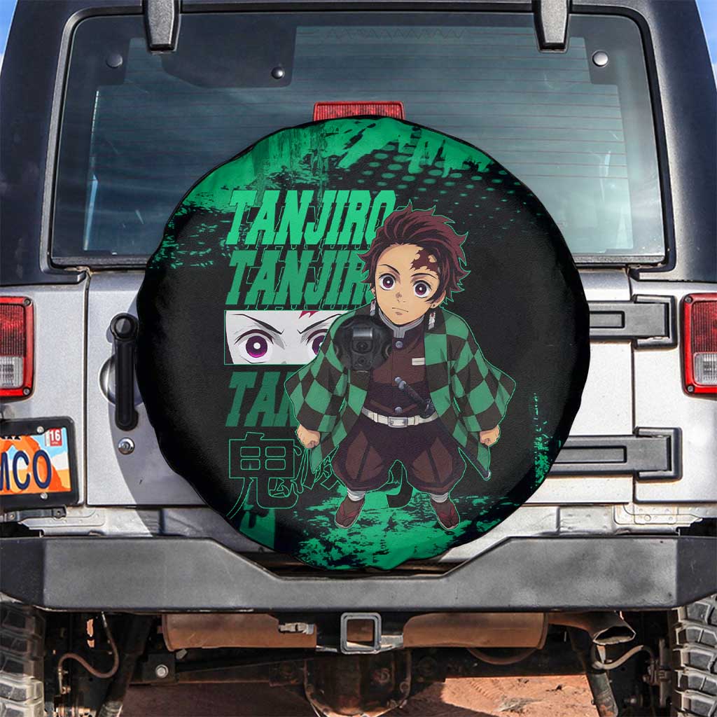 Tanjiro Kamado Demon Slayer Green Grunge Design Spare Tire Cover with Determined Eyes and Classic Checkered Haori - The Mazicc