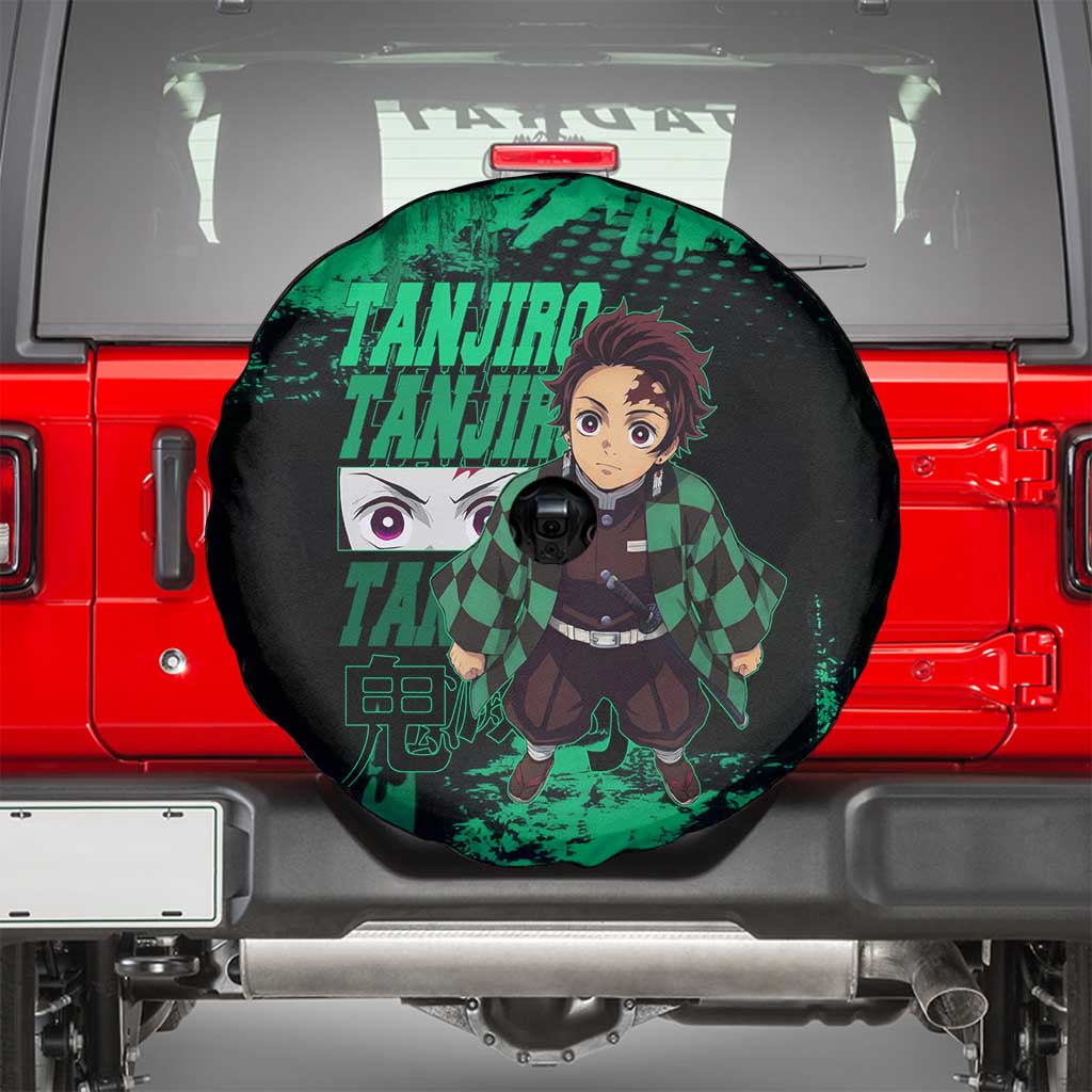 Tanjiro Kamado Demon Slayer Green Grunge Design Spare Tire Cover with Determined Eyes and Classic Checkered Haori - The Mazicc