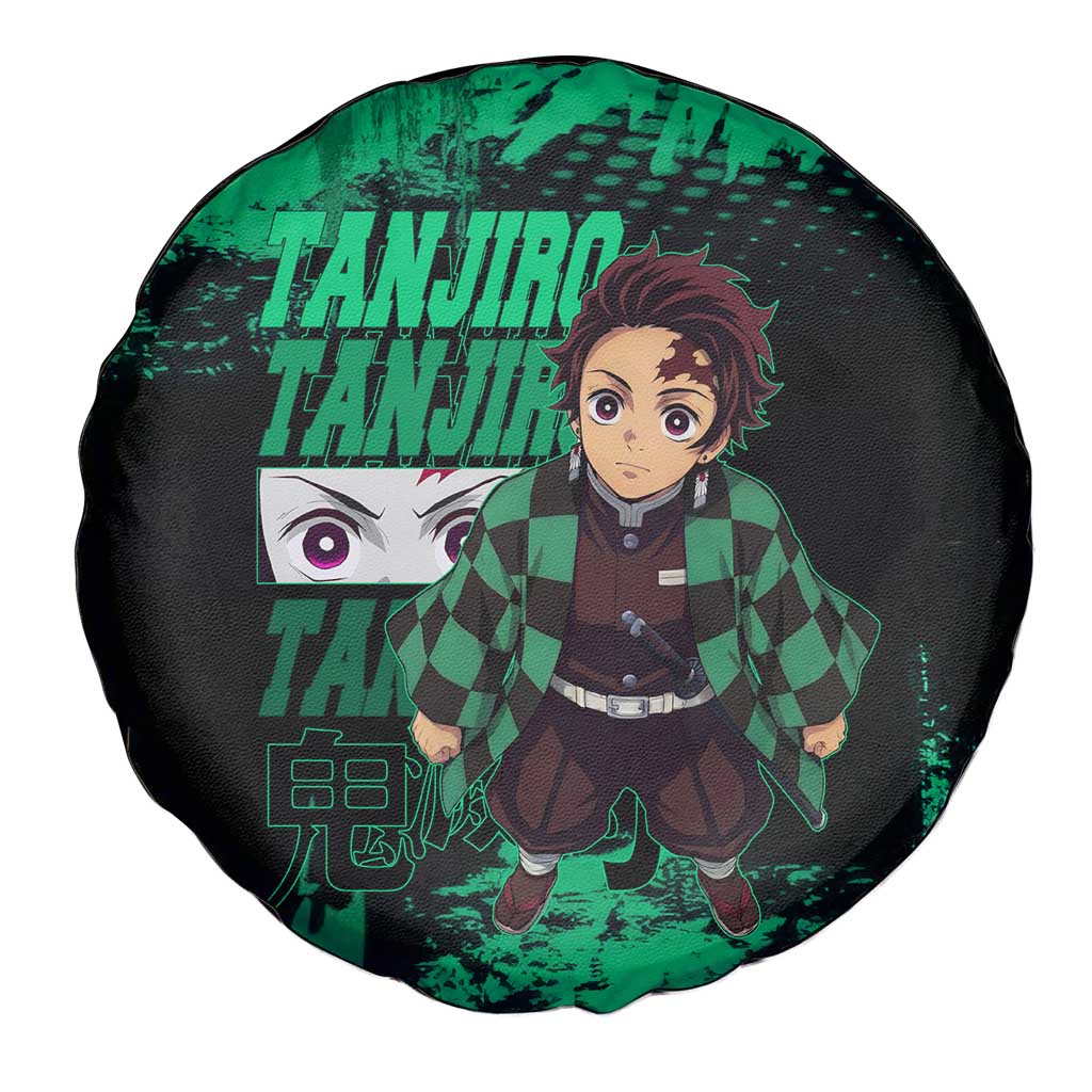 Tanjiro Kamado Demon Slayer Green Grunge Design Spare Tire Cover with Determined Eyes and Classic Checkered Haori - The Mazicc