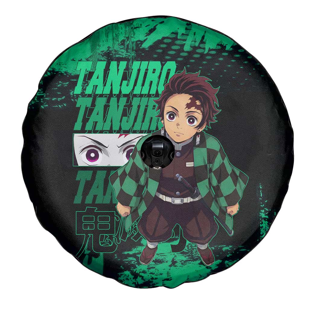 Tanjiro Kamado Demon Slayer Green Grunge Design Spare Tire Cover with Determined Eyes and Classic Checkered Haori - The Mazicc
