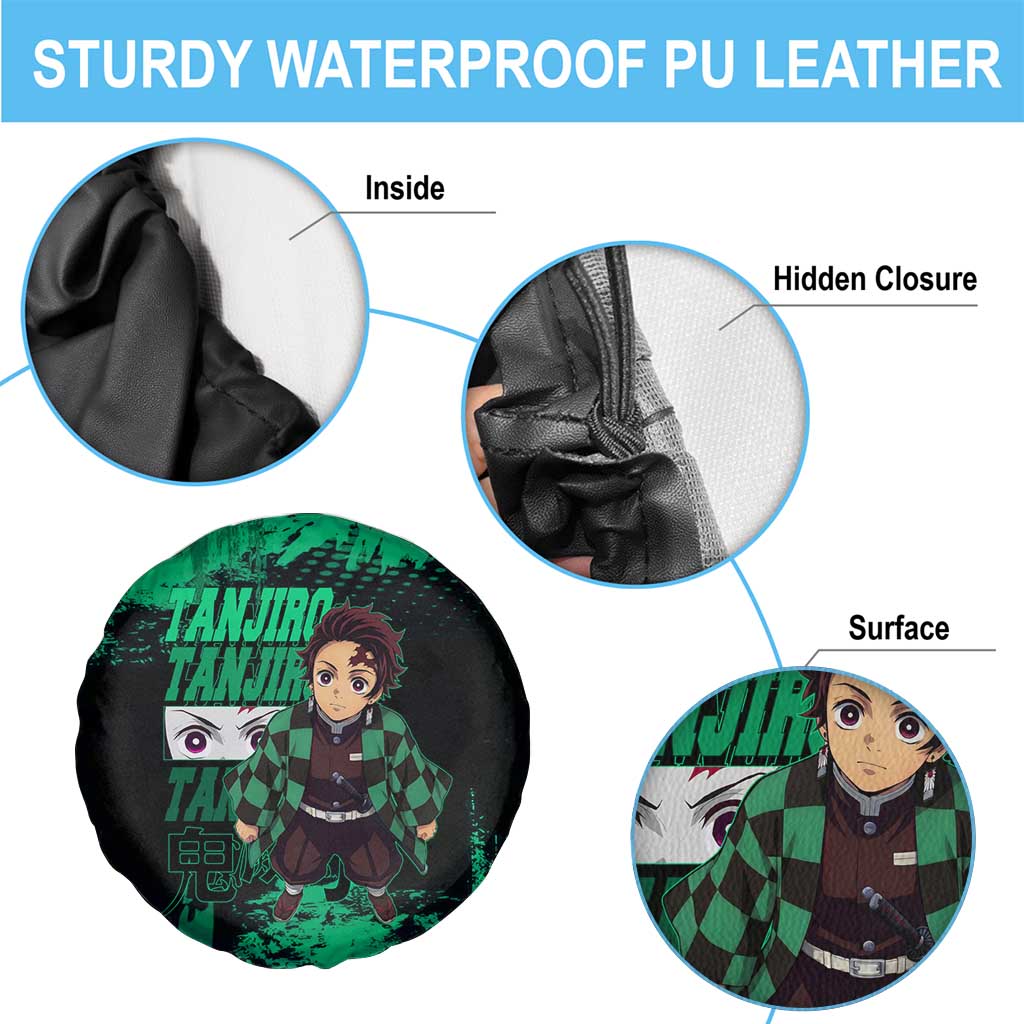 Tanjiro Kamado Demon Slayer Green Grunge Design Spare Tire Cover with Determined Eyes and Classic Checkered Haori - The Mazicc