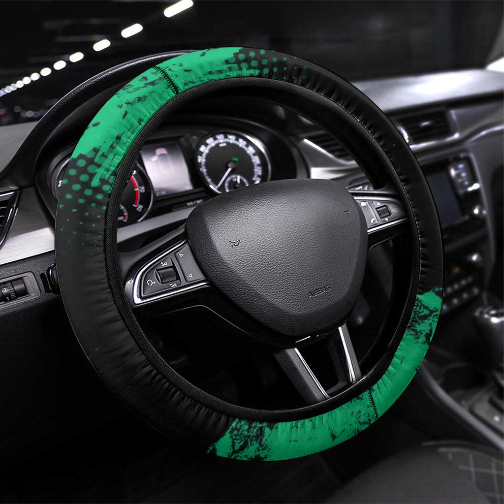 Tanjiro Kamado Demon Slayer Green Grunge Design Steering Wheel Cover with Determined Eyes and Classic Checkered Haori - The Mazicc