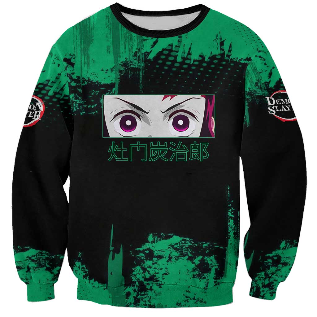 Tanjiro Kamado Demon Slayer Green Grunge Design Sweatshirt with Determined Eyes and Classic Checkered Haori - The Mazicc