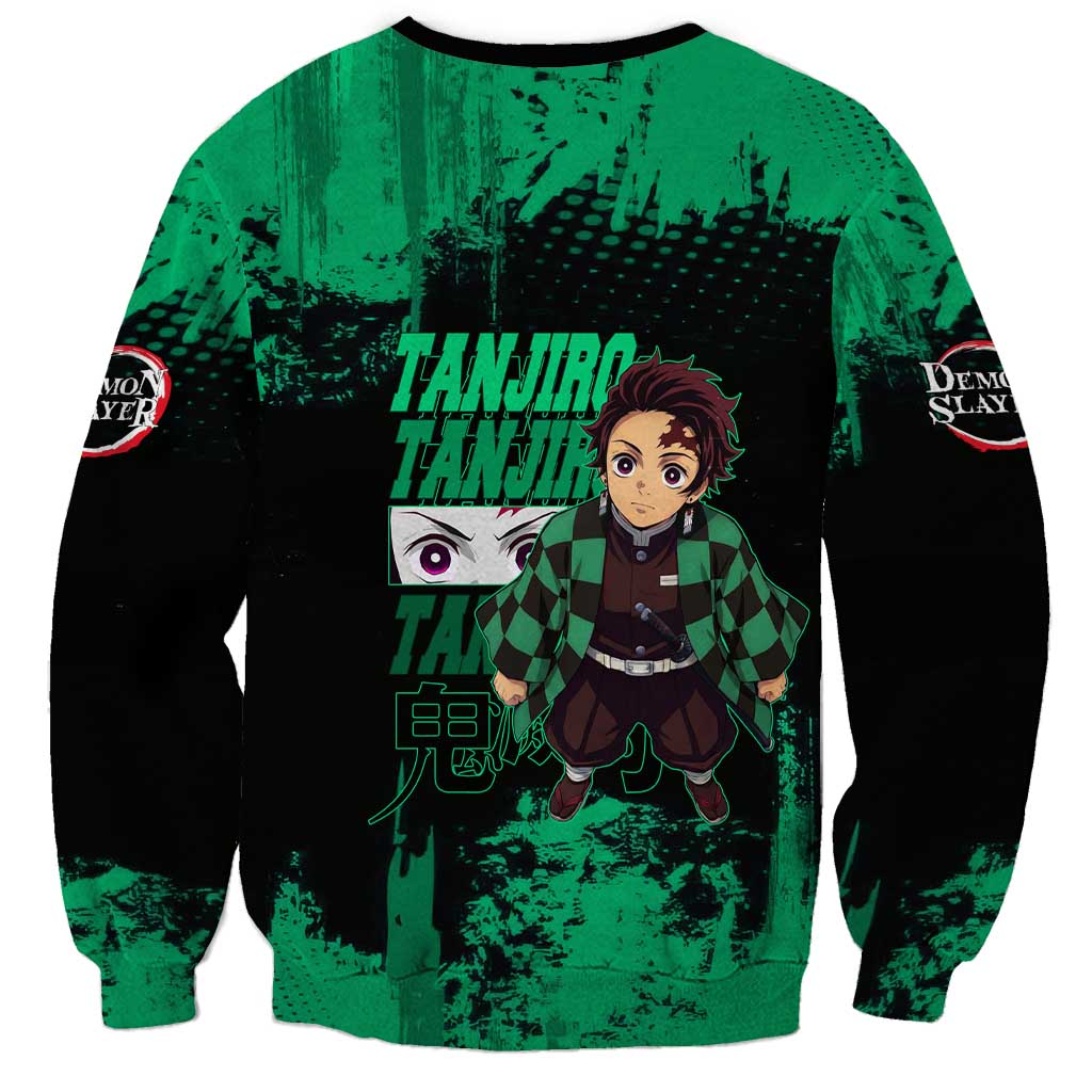 Tanjiro Kamado Demon Slayer Green Grunge Design Sweatshirt with Determined Eyes and Classic Checkered Haori - The Mazicc
