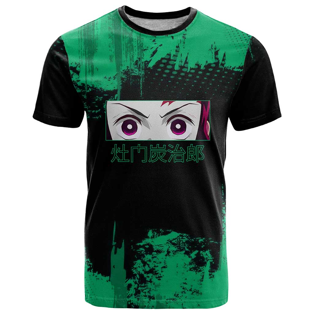 Tanjiro Kamado Demon Slayer Green Grunge Design T Shirt with Determined Eyes and Classic Checkered Haori - The Mazicc