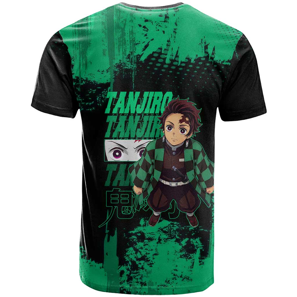 Tanjiro Kamado Demon Slayer Green Grunge Design T Shirt with Determined Eyes and Classic Checkered Haori - The Mazicc