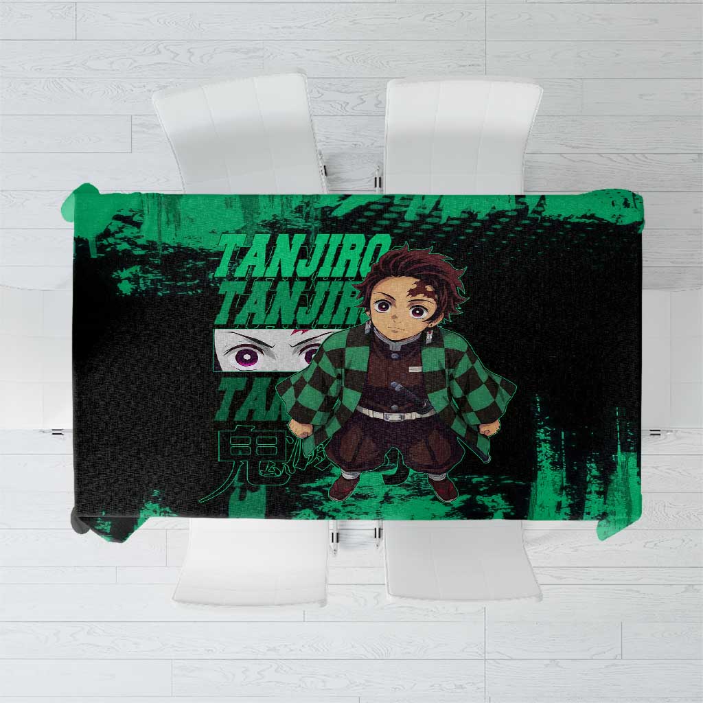 Tanjiro Kamado Demon Slayer Green Grunge Design Tablecloth with Determined Eyes and Classic Checkered Haori - The Mazicc