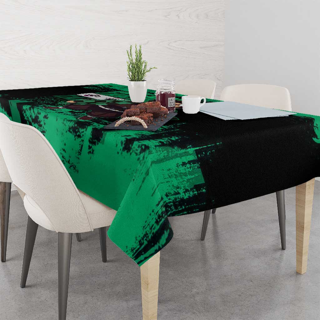 Tanjiro Kamado Demon Slayer Green Grunge Design Tablecloth with Determined Eyes and Classic Checkered Haori - The Mazicc