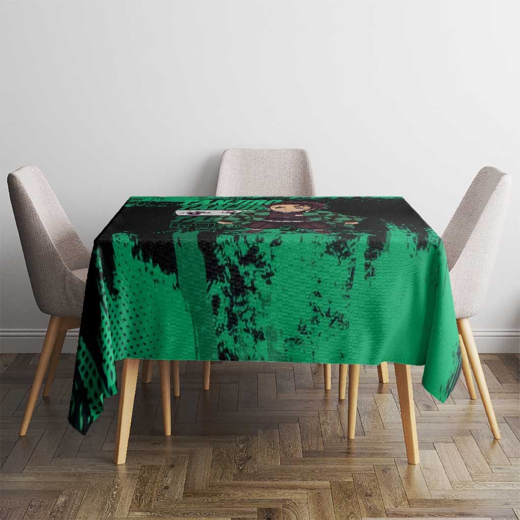 Tanjiro Kamado Demon Slayer Green Grunge Design Tablecloth with Determined Eyes and Classic Checkered Haori - The Mazicc