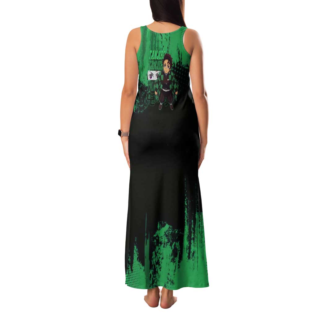 Tanjiro Kamado Demon Slayer Green Grunge Design Tank Maxi Dress with Determined Eyes and Classic Checkered Haori - The Mazicc