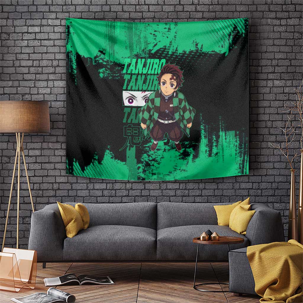 Tanjiro Kamado Demon Slayer Green Grunge Design Tapestry with Determined Eyes and Classic Checkered Haori - The Mazicc