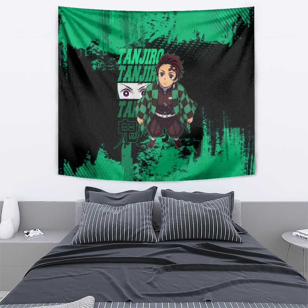 Tanjiro Kamado Demon Slayer Green Grunge Design Tapestry with Determined Eyes and Classic Checkered Haori - The Mazicc