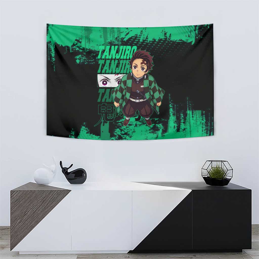 Tanjiro Kamado Demon Slayer Green Grunge Design Tapestry with Determined Eyes and Classic Checkered Haori - The Mazicc