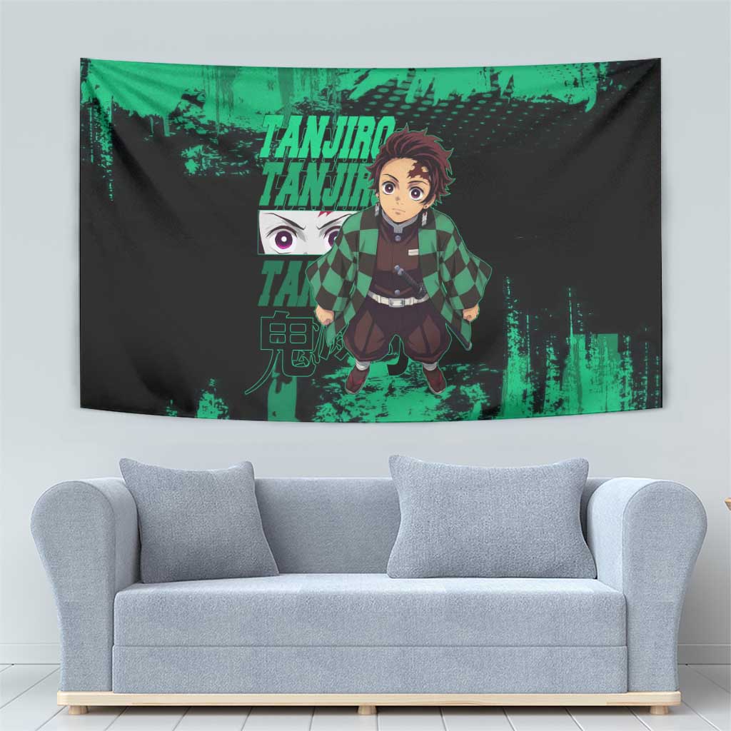 Tanjiro Kamado Demon Slayer Green Grunge Design Tapestry with Determined Eyes and Classic Checkered Haori - The Mazicc