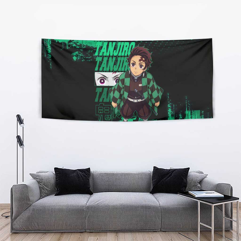 Tanjiro Kamado Demon Slayer Green Grunge Design Tapestry with Determined Eyes and Classic Checkered Haori - The Mazicc